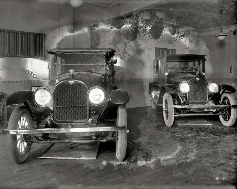 Washington, D.C., 1919. "Snelling Motor Co., interior." Two used American Sixes. National Photo Company Collection glass negative. View full size.
