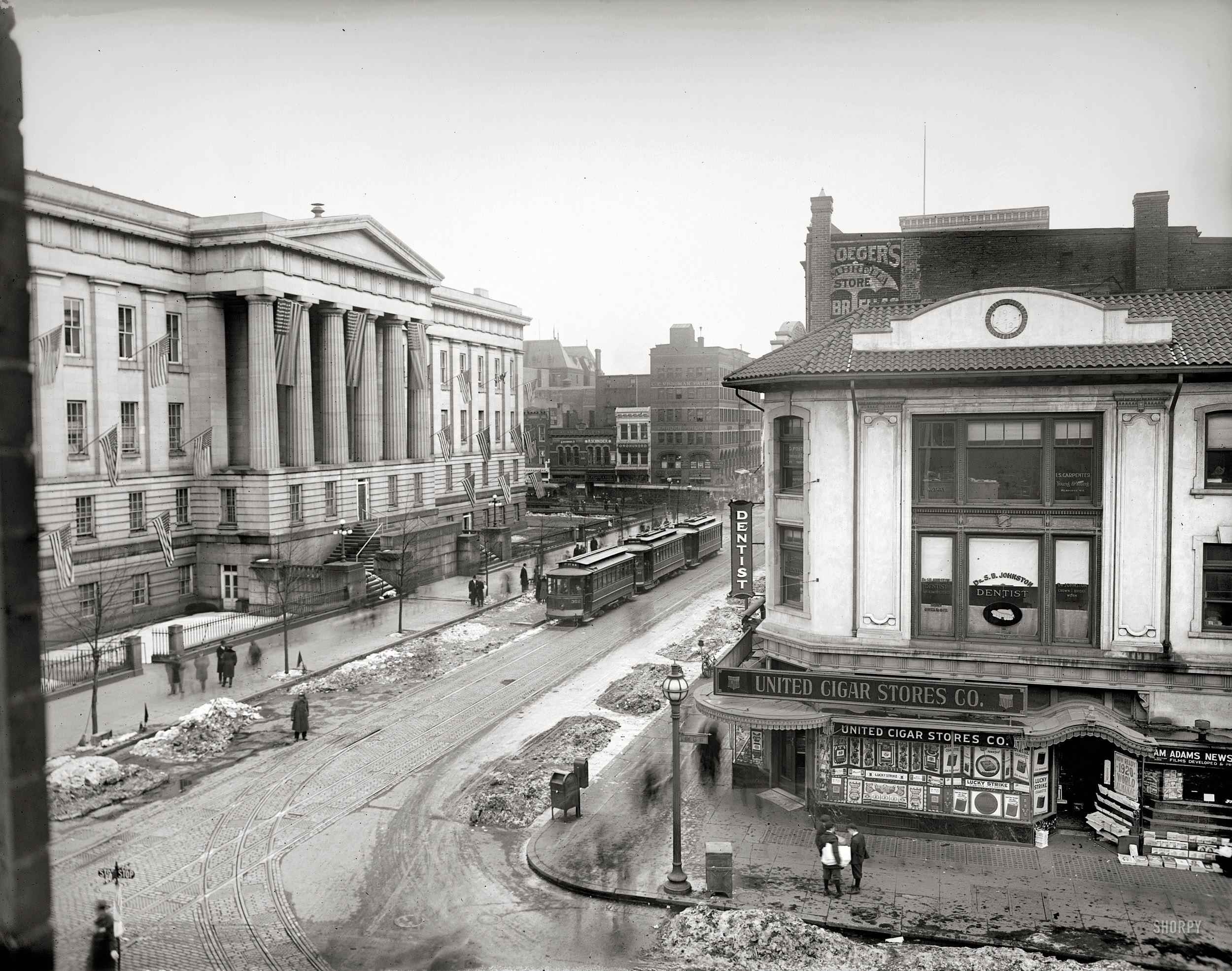 Washington, D.C., circa 1919. "Ninth and G Streets." With a view of the U.S. Patent Office. National Photo Co. Collection glass negative. View full size.