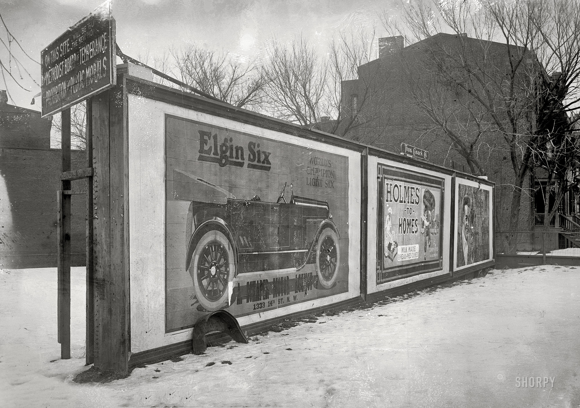 Washington, D.C., circa 1920. "Wamsley billboard." While pondering the postworthiness of this moldy old glass negative, I noticed the small sign appended to the big one: "On this site will be the new home of the Methodist Board of Temperance, Prohibition and Public Morals." And therein lies a tale, having to do with the Chesterfield ad at the far end of the billboard. Which seems to have caused some embarrassment for the temperance board, who owned this property and was profiting from the advertisement for the "weed," despite tobacco being one of the vices it aimed to stamp out. After all that research I still don't know who Wamsley was. National Photo Company glass negative. View full size.