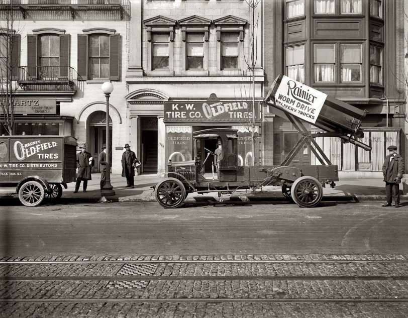 "K &amp; W Tire Co., Rainier truck." 1919. National Photo Company Collection glass negative. View full size. "Under the name of the K-W. Tire Company, William A. Ward and W. Killeen have opened a distributing agency in Washington for Pennsylvania vacuum cup tires and ton-tested tubes at 924 14th Street N.W."
