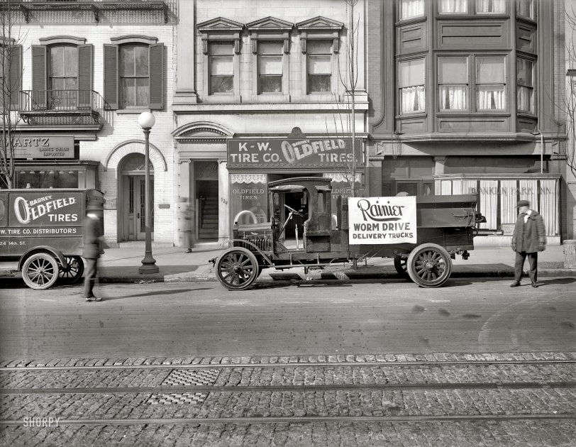 Washington, D.C., circa 1919. "K &amp; W Tire Co. Rainier truck." Our second look at this establishment on 14th Street N.W. National Photo Co. View full size.
