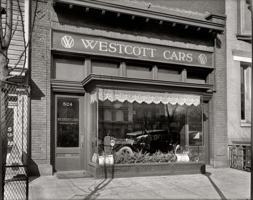 March 1920. "E.J. Quinn Motor Car Co." The Westcott automobile showroom on 14th Street in Washington, D.C. National Photo glass negative. View full size.
