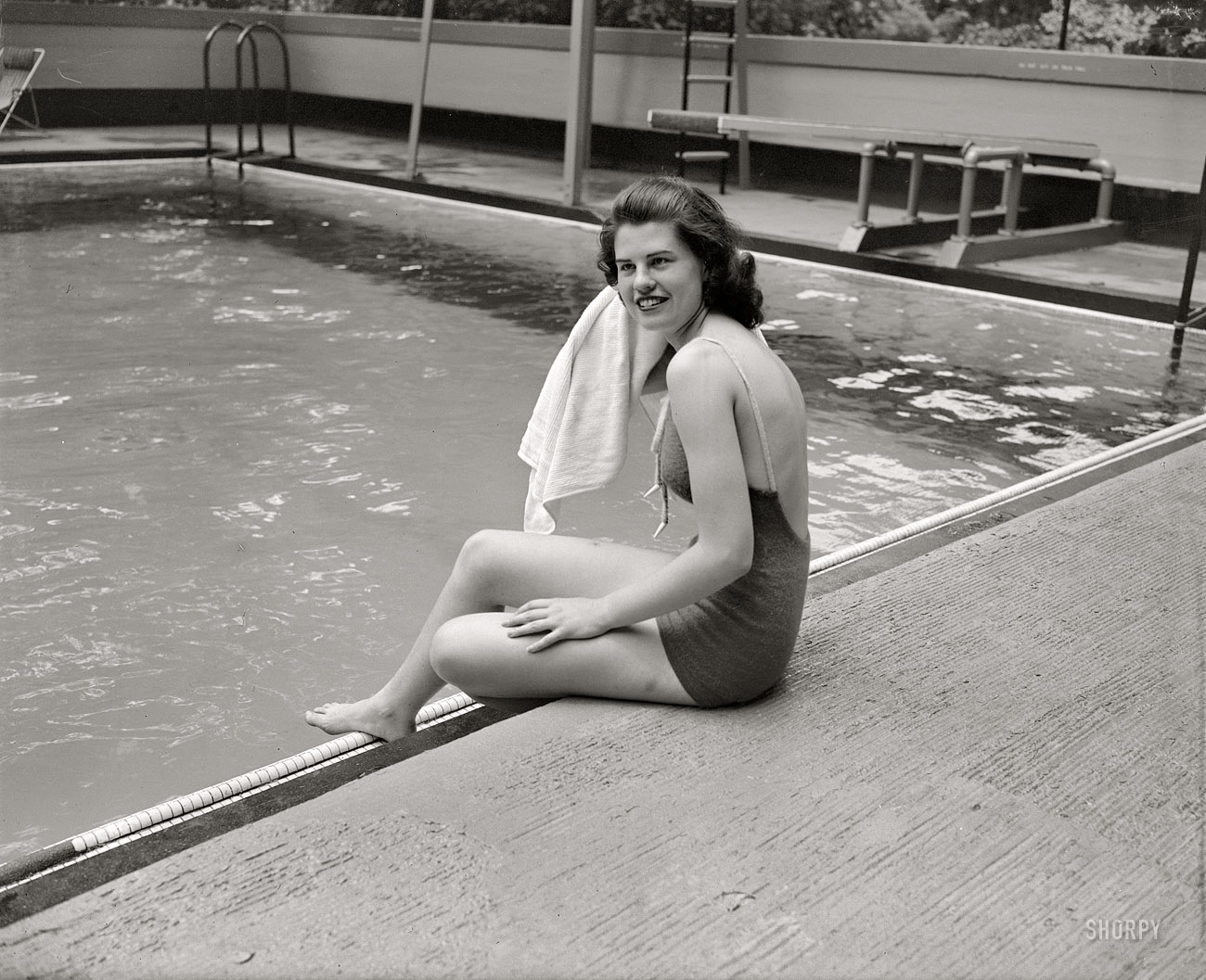 Washington, D.C., circa 1937. "Jean Wallace." The daughter of Henry A. Wallace, Secretary of Agriculture and future Vice President, at the Wardman Park Hotel pool. Harrs & Ewing Collection glass negative. View full size.