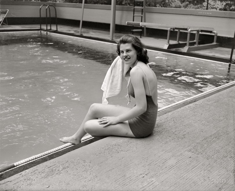 Washington, D.C., circa 1937. "Jean Wallace." The daughter of Henry A. Wallace, Secretary of Agriculture and future Vice President, at the Wardman Park Hotel pool. Harrs &amp; Ewing Collection glass negative. View full size.
