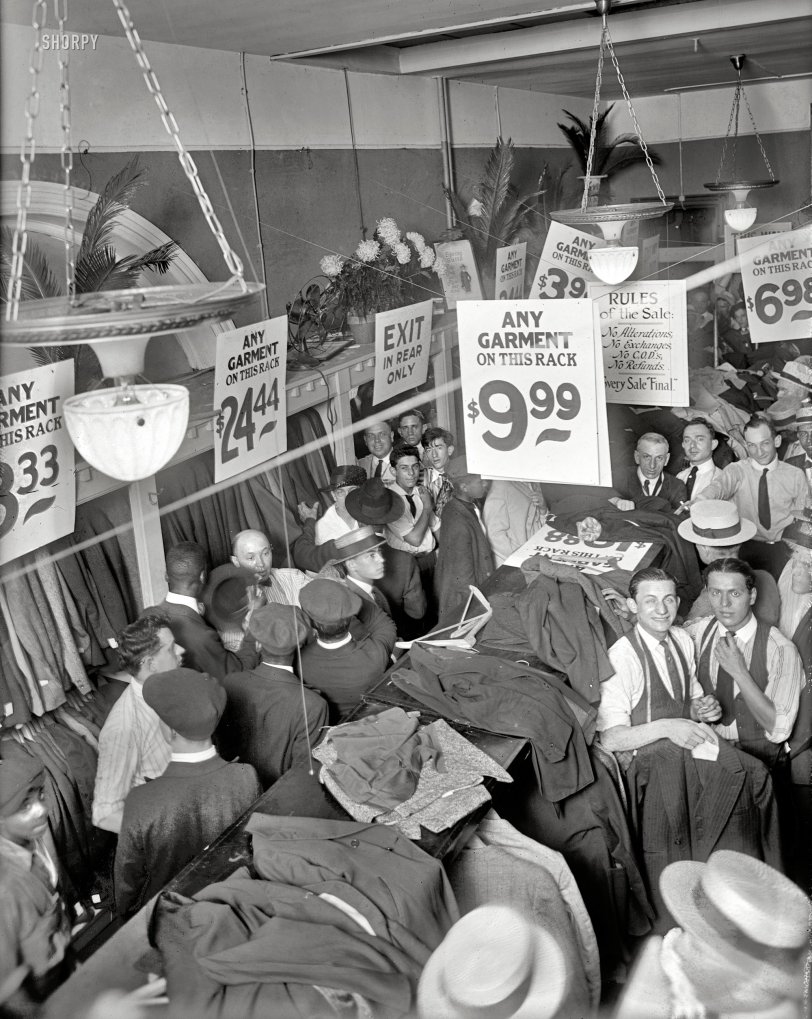 Washington, D.C., circa 1920. "Conbro clothing store, interior." Happy shopping, everyone. National Photo Company glass negative. View full size.

