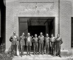 Washington, D.C., circa 1920. "Group, Wayne Smith garage." At this dealer in Haynes automobiles, management and labor pose for posterity. View full size.
At Your Service


Washington Post, May 23, 1920


To Distribute Haynes Cars.
Wayne Smith Auto Co. Will Handle Line in This Territory.

Haynes cars will be distributed in Washington, northern Virginia, central West Virginia and part of Maryland by Wayne Smith &amp; Co. This concern, which is headed by Wayne Smith, well known in local automotive circles, has just completed a new building at the corner of Twenty-second and M streets, which will be given over entirely to the sale and service of this car.
The car is built in both six and twelve cylinder models and furnished in both types in open and closed models, roadsters and touring cars.
Service for this car will be in charge of Harry E. Hartung and Earl Ennis, both well-known service men.

No guessing hereWe can most definitely tell which of these men are part of management and which are the "grease monkeys"!
Royal GarageIf you had told me that this was a photo of the staff at the facility that was preparing the Coaches for the Coronation of King George VI in 1937, I would have absolutely believed it.
Pecking orderFrom left to right, a visual Organization Chart.
(The Gallery, Cars, Trucks, Buses, D.C., Natl Photo)