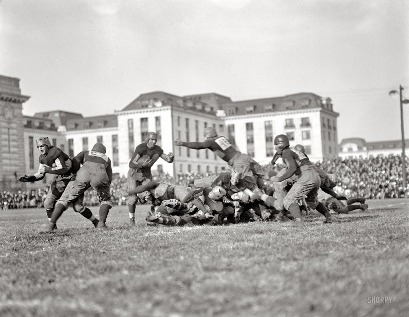 Washington, D.C., or vicinity circa 1920. The caption just says "football." Who can identify the venue? Harris &amp; Ewing Collection glass negative. View full size.
