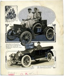 Photos are original and glued to newspaper layout with original illustrations drawn directly on the board. Image features a Mr. and Mrs C. J. Franklin and their cars. They appear to have taken a famous trip from Portland, Oregon to Seattle, Washington in 1907. Bottom image is from 1915 or later. View full size.