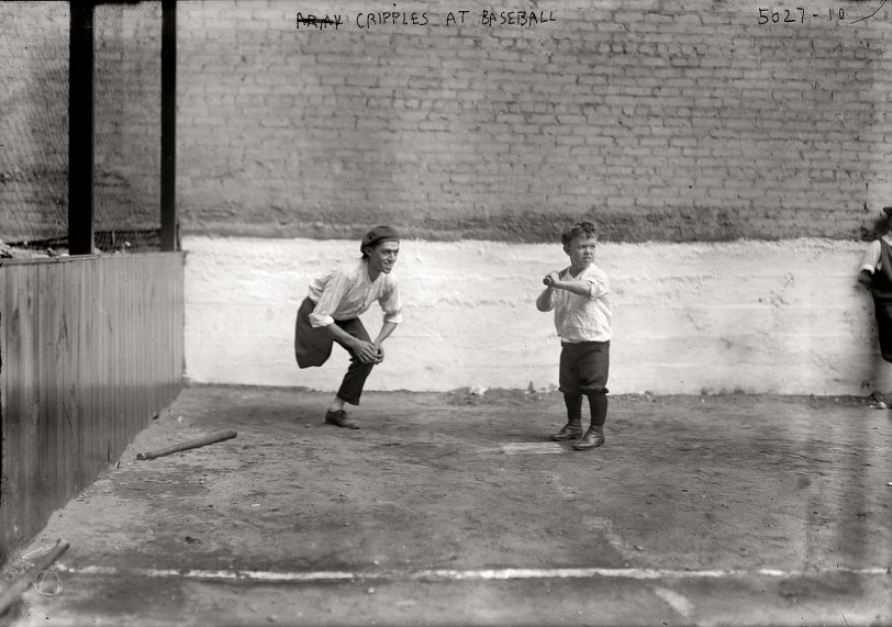 New York circa 1919. "Cripples at baseball." Victor Cassiere at left. 5x7 glass negative, George Grantham Bain Collection. View full size.
