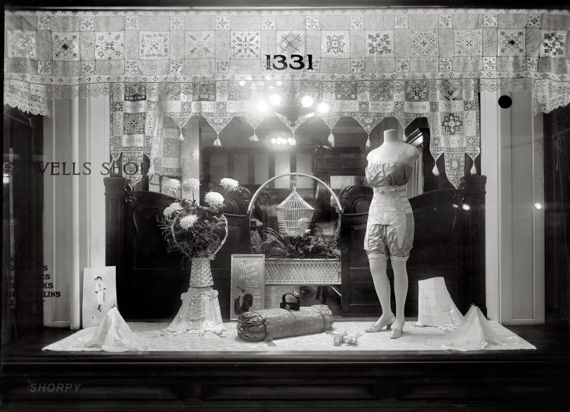 "Wells Corset Shop, 1920." Unmentionables under glass at 1331 G Street N.W. in Washington. National Photo Company Collection glass negative. View full size.
