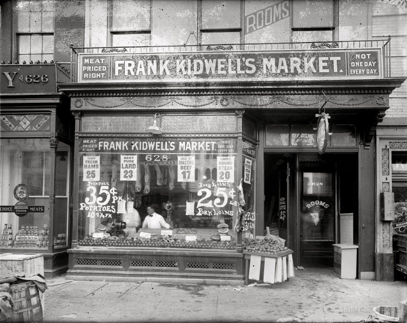Washington, D.C., circa 1920. "Frank Kidwell, front." Kidwell's Market on Pennsylvania Avenue, home of "strictly fresh eggs" and choice hare cuts. Mold-encrusted National Photo Company glass negative. View full size.
