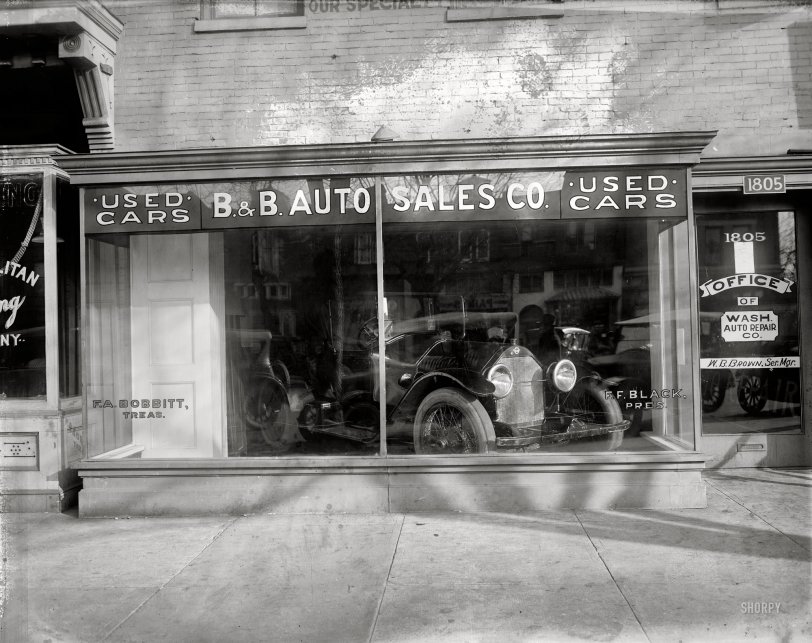 Washington, D.C., circa 1920. "B&amp;B Auto Sales, 14th Street N.W." How much is that Stutz in the window? National Photo Co. glass negative. View full size.
