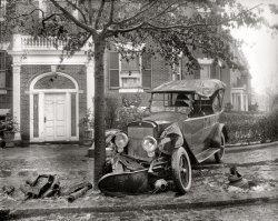 January 1921. Washington, D.C. "Penrose car, accident." Beside Senator Boies Penrose's car, casualties here include a mailbox, emergency call box and a lamppost. The tree survives with a dented trunk. View full size.
Sharp rideI used to work in automotive and the last company that I worked for, before heading into my new field, was in automotive glass. Check out the windshield on this car. It was plate glass; no safety glass but just plain old window glass. Can you imagine what would happen to your face if you went through such an accident? Even in this photo, it looks as though the front glass just broke up on impact. Still very dangerous. 
Man --They sure don't make trees like they used to.
Time to upgrade.If Senator Penrose insists on driving on the sidewalk, maybe he should look at the FWD from an earlier photo. 
Fatal crash?I noticed that this crash was not listed on his Wikipedia entry, so I added it and cited this photo as a reference. I also noticed that he died in 1921. If this photo is circa 1920, perhaps this crash was fatal.
[This crash had nothing to do with his death, which came from pneumonia after a year or so of declining health. - Dave]
It&#039;s a wonderful lifeGeorge Bailey, you been drinking?
Got Mail?That has to be the biggest mailbox in town. He must have been admiring it when he crashed into it
Early ExcuseI understand the USPS is still using this crash as an excuse for undelivered mail.
OuchYou can see, quite clearly, that car windshields did not have safety glass in those days.  Was it the Senator's head that broke the windshield?
Accident ProneCan't find any info on this specific crash but Penrose had a history of automotive mishaps.



Washington Post, Aug 22, 1917 


Penrose in Peril When Auto Blazes
Senator and Friends Leap from Car to Escape Death.

Senator Boies Penrose returned to Washington from Philadelphia yesterday after a perilous experience near Baltimore, when the senator and two friends were compelled to leap from a blazing automobile.
The car is believed to have taken fire from a lighted cigar which had been tossed from a passing car and which lodged in the top, which was down.  IN an instant the car was ablaze in the rear and directly over the gasoline tank.
The senator and his friends escaped injury owing to prompt action by the chauffeur, who brought into play and extinguisher and put out the blaze.  The body of the car was badly scorched and the top entirely destroyed.
This is he second experience of this kind Senator Penrose has encountered within two years.  In 1915, while motoring from Pittsburgh headed for Washington, his car caught fire near Greensburg, Pa. and became a total wreck, the senator and his party having a narrow escape from the flames.
A feature of the campaign of 1914 in Pennsylvania, when Senator Penrose was a candidate for reelection to the Senate, was his large red touring car, which became well known throughout the state, as it took him into nearly every country.
The senator is considered the most enthusiastic motorist in the Senate. In the last three years he has crossed Pennsylvania along the Lincoln highway and other routes from Philadelphia to Pittsburgh and return more than 100 times.
WikipediaPenrose's Wikipedia page has already been updated to add a link to this picture and note the possibility that the crash may have been related to his death the following year.
[The senator's death came from pneumonia after years of declining health. - Dave]
Text messagingIs it possible the Senator was text messaging with the window open that caused him to have the accident and while awaiting EMS caught pneumonia ?
Winton SixAccording to the following delightful story in Boies Penrose, Symbol of an Era, by Robert Douglas Bowden (1937), Penrose's auto was a Winton Six painted "screaming red." The senator's driver was one Walter Mancer.

Colorize this Winton Six, please!Shorpyite stanton_square's post, with the embedded book preview on the life of Boies Penrose, details on page 209 that the color of Mr. Penrose's touring car was "screaming red" with a bright red leather upholstery.
Could someone please colorize this photo to show the bent automobile in all its red glory, and post it to Shorpy for all to see.
When I zoomed-in to the radiator emblem on the wrecked auto, it does seem to be a Winton Six medallion.
Attached below is a photo of a Winton Six radiator emblem that I found on the internet.
Multiple dangersIt's not just the lack of seat belts and the non-safety glass (though those alone were good enough to kill). The steering column in those days was essentially a harpoon, and any head-on collision was likely to spear the driver.
Red WreckA red Winton Six for Fellow Oakie.
Re: Sharp RideIn 1923 when my mother was 3, she was in a car accident in the D.C. area that put her through the windshield. The left side of her face was cut from temple to lip. It must have been pretty bad because she said the hospital doctors weren't going to do any repairs. However one doctor took on the task and saved her life. This photo has answered questions I have had for so long.
Quote"I believe in the division of labor. You send us to Congress; we pass laws under which you make money...and out of your profits, you further contribute to our campaign funds to send us back again to pass more laws to enable you to make more money." -- Senator Boies Penrose (R-Pa.), 1896, citing the relationship between his politics and big business.
An honest politician!
Not Necessarily RedThe circa 1920 Winton shown in the photograph is not necessarily painted red.
Page 209 of Bowden's book is mentioning events from 1913 or 1914.  The car Senator Penrose purchased back then was red.  This car, built around 1920, is not the same one as described in the book.  Both cars are Winton Sixes.
Senator:"Ugh, thanks God I am not some James Dean."
(The Gallery, Cars, Trucks, Buses, D.C., Natl Photo)