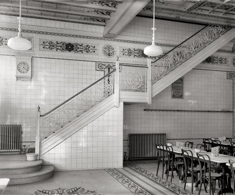 Washington circa 1920. "Peyse &amp; Patzy[?]. Childs Restaurant." Acres of white tile for that hygienic, sanitary look. National Photo glass negative. View full size.
