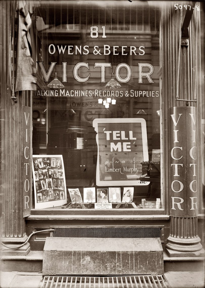 The Owens & Beers record shop at 81 Chambers Street in New York circa 1915-1920.  View full size. 5x7 glass negative, George Grantham Bain Collection.