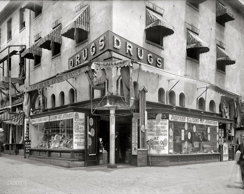 Washington, D.C., circa 1920. "Affleck's Drug Store." Hurry over now for the big closeout! National Photo Co. Collection, Library of Congress. View full size.
