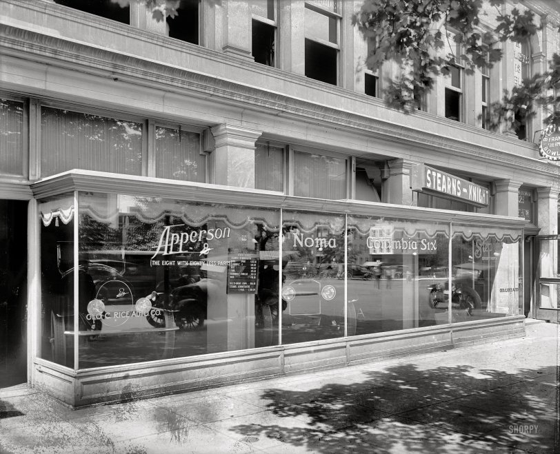 Washington, D.C., circa 1921. "Geo. C. Rice Auto Co., front." These deals won't last long, folks. Come in TO-DAY! National Photo glass negative. View full size.
