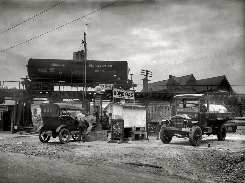 "Dome Oil Co., Takoma Park." In Maryland in 1921, a gritty diorama of the Petroleum Age. View full size. National Photo Company glass negative.
