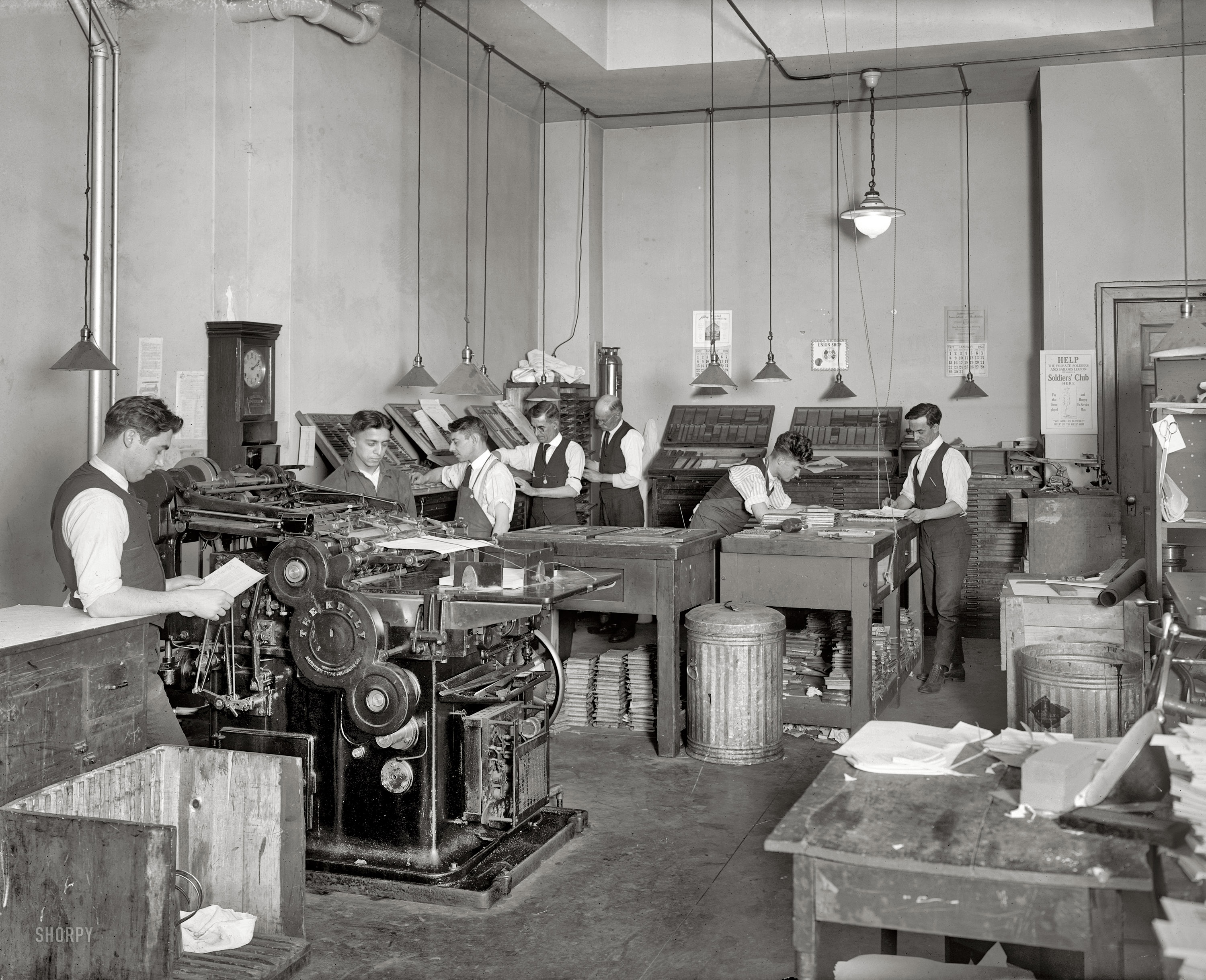 January 1922. Washington, D.C. "Machinists' Association, printers." Another peek behind the scenes at the International Association of Machinists. View full size.