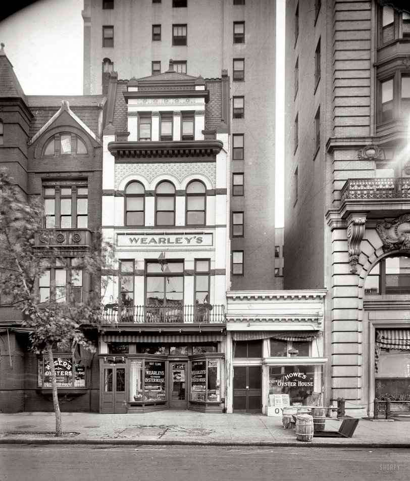 Washington, D.C., circa 1922. "Wearley's front." Exterior of the oyster bar seen in the previous post. This stretch of 12th Street N.W. seems to have been something of a seafood hot spot. At the right we see a sliver of the enormous Raleigh Hotel.  National Photo Company Collection glass negative. View full size.
