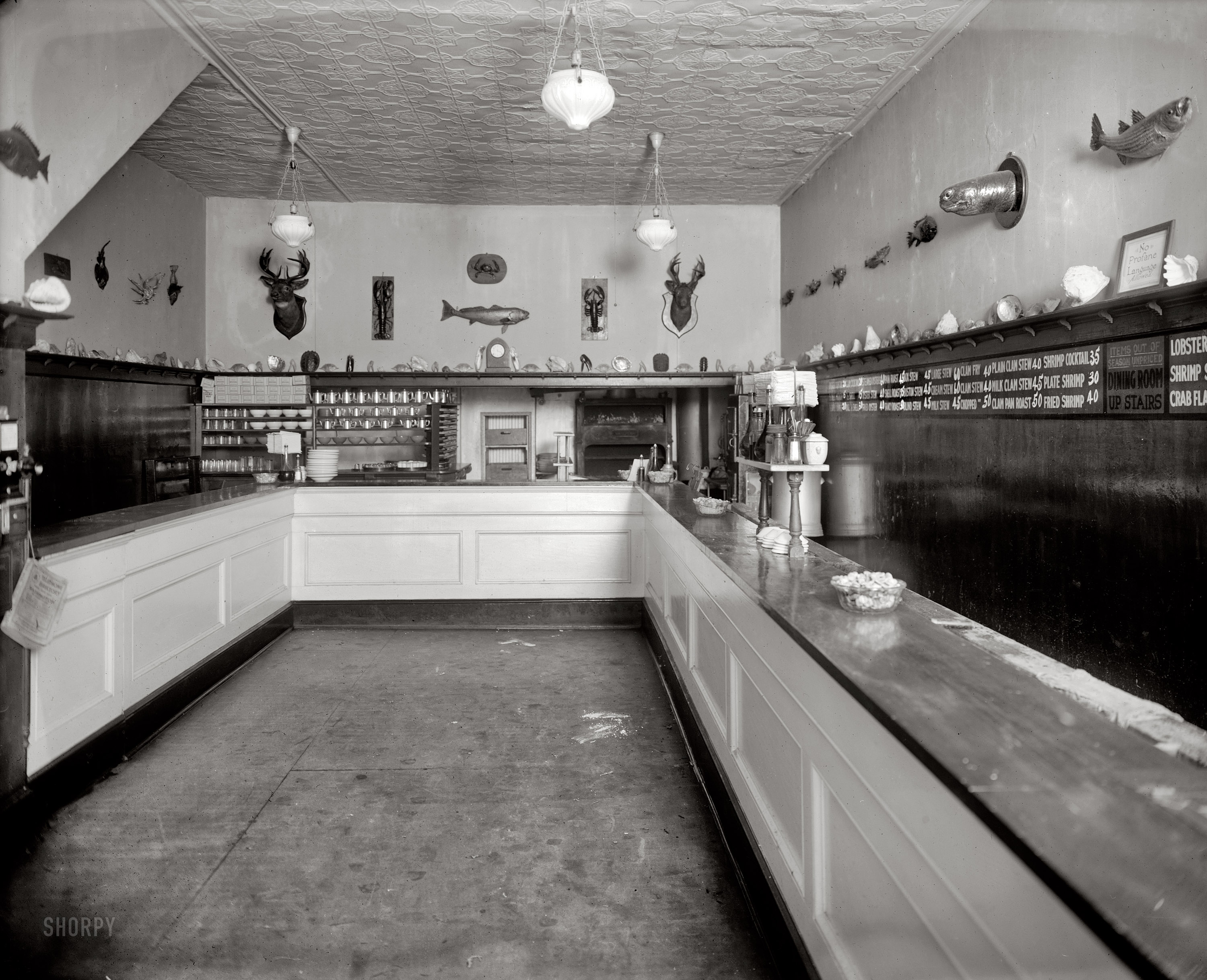 Washington, D.C., circa 1922. "Wearley's Oyster House, 12th Street." With toothsome fare priced for every purse (Plain Clam Stew 40¢; Milk Clam Stew 45¢). Please Do Not Touch the Turtle. National Photo Company. View full size.