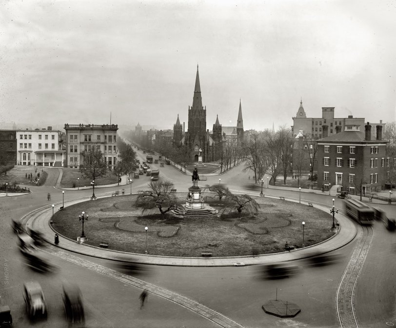 Washington, D.C., circa 1921. Thomas Circle and Luther Place Memorial Church. View full size. National Photo Company Collection glass negative.
