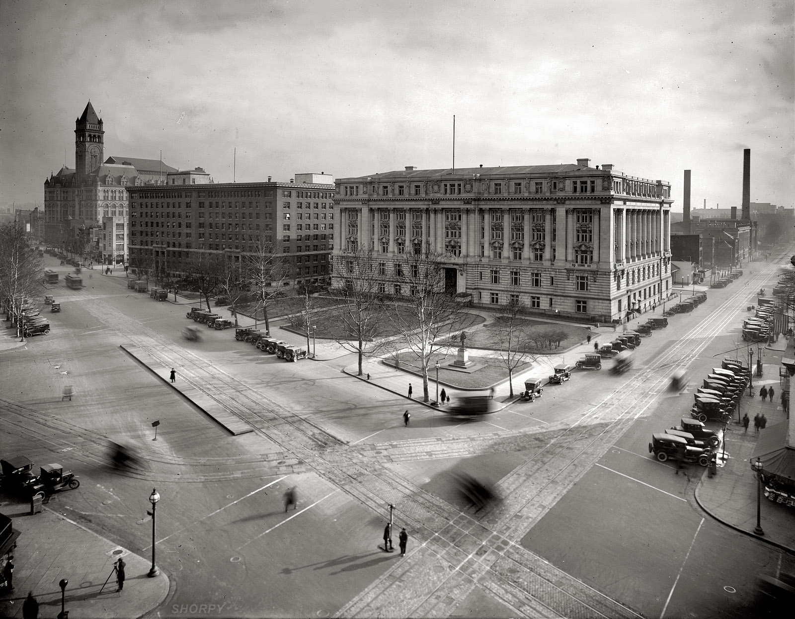 "Municipal Building, Southern Railway, and Post Office Department, from the Willard Hotel roof." An ethereal, almost spectral view of Pennsylvania Avenue at 14th Street N.W. in Washington circa 1921, with the Old Post Office tower at left. National Photo Company Collection glass negative. View full size.