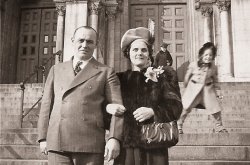 A picture of my Grandfather August Wehrman (1908-1963) and my Grandmother Marie "Bauernschub" Wehrman (1910-1998) on Easter Sunday in 1945 in front of Sacred Heart Of Jesus Chruch in Highlandtown, Baltimore, Md. My grandfather was a steelworker and was employed at the Bethlehem Steel yard until a stroke left him partially paralyzed in 1954. The second stroke took his life in 1963. He and my grandmother ran away to get married in 1926 because they were underage. It made the front page of the Baltimore News American paper. View full size.
(ShorpyBlog, Member Gallery)