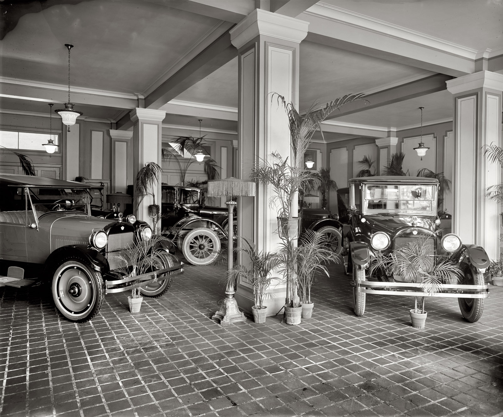 "Trew Motor Co. interior." Circa 1920, the Reo automobile showroom (and conservatory) in Joseph Trew's new three-story building at 14th and P Streets N.W. in Washington. National Photo Company glass negative. View full size.
