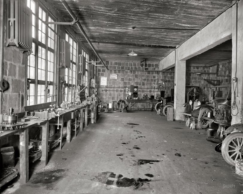 1928. Takoma Park, Maryland. "Hendrick Motor Co. garage." The sign: "All repair work strictly cash." National Photo Co. Collection glass negative. View full size.
