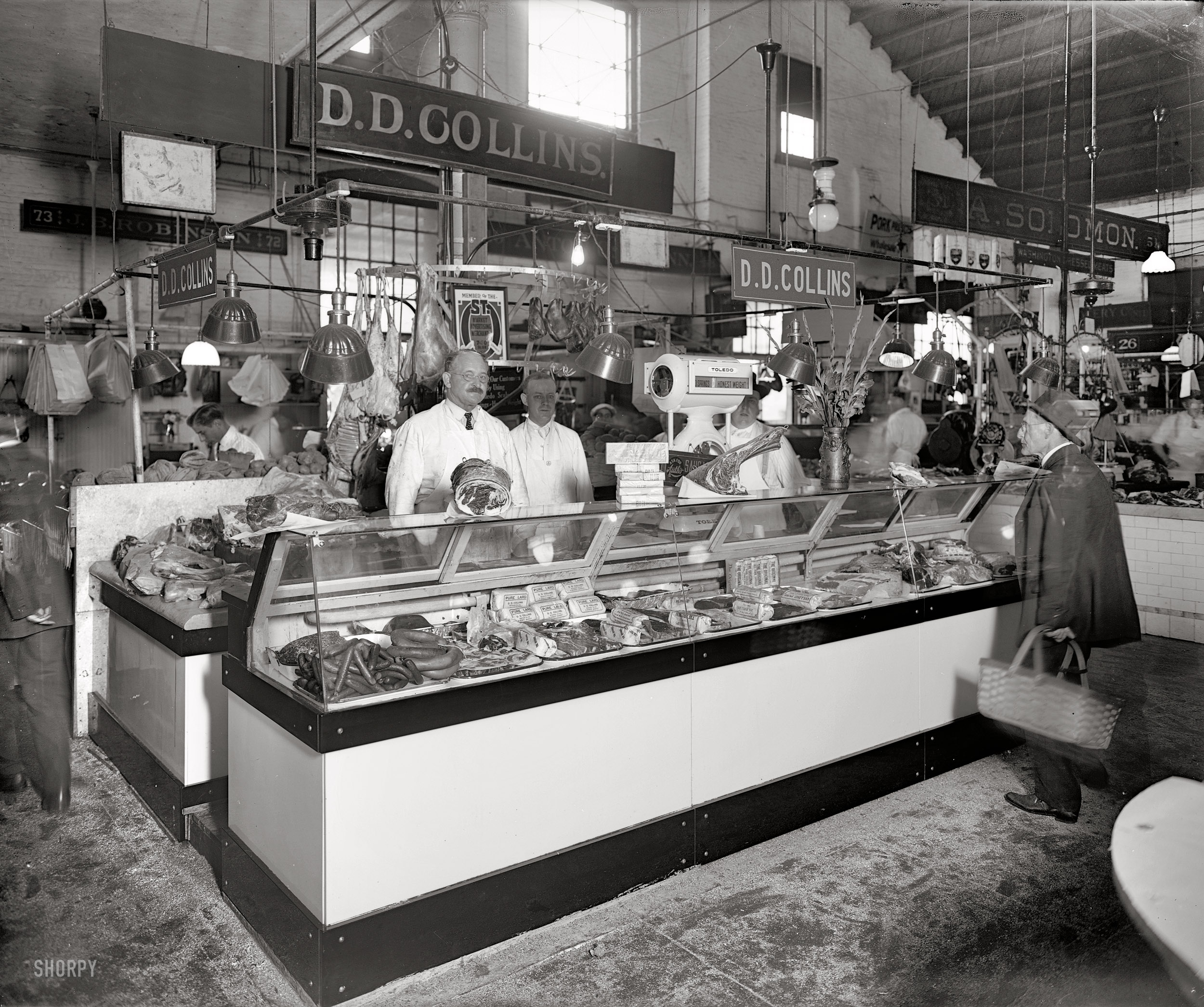 Washington, D.C., circa 1925. "D.D. Collins." Meat counter at the O Street Market, 7th and O streets N.W. National Photo Company glass negative. View full size.
