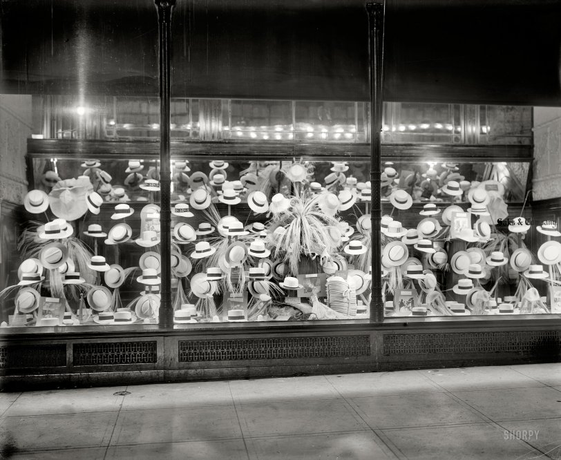 Washington, D.C., circa 1919. "Hat display, Saks &amp; Co." Panama hats, and how they're made. National Photo Company Collection glass negative. View full size.
