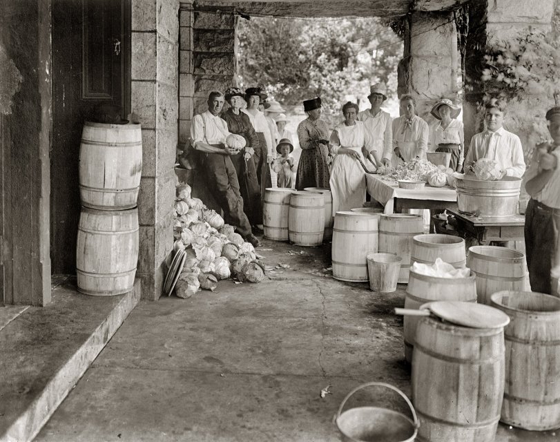 Washington, D.C., circa 1918. "Food Administration: Making sauerkraut." National Photo Company Collection glass negative. View full size.
