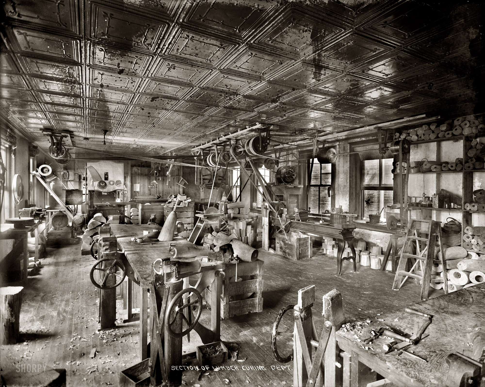 Circa 1916. "Section of lumber curing department." The raw materials for making wooden legs at what might be the Pittsburgh workshops of J.E. Hanger Artificial Limb Co. National Photo Company Collection glass negative. View full size.