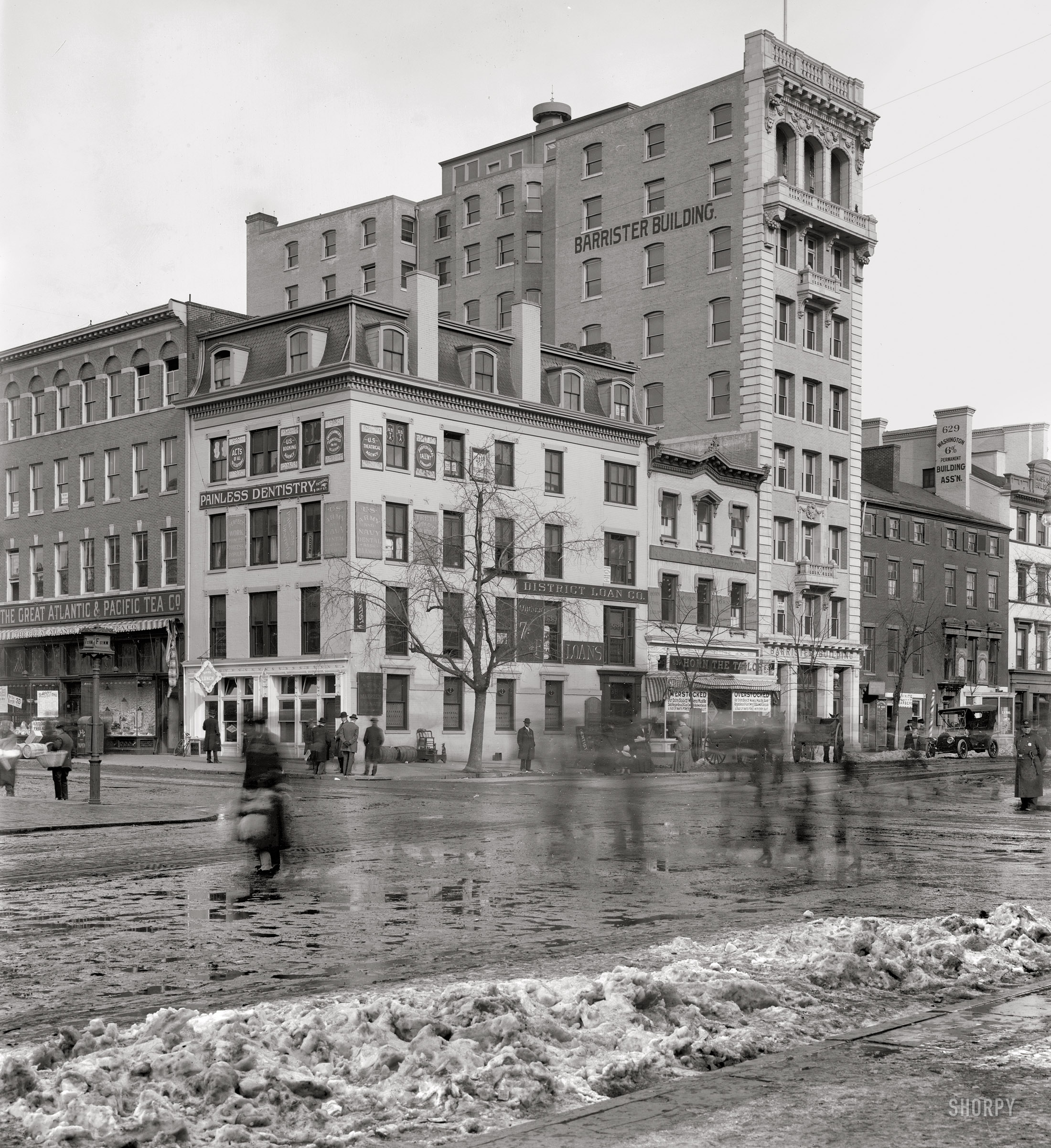 Washington, D.C., in a circa 1916 time exposure. "Corner of 7th and F northwest." National Photo Company Collection glass negative, 8x10 inches. View full size.