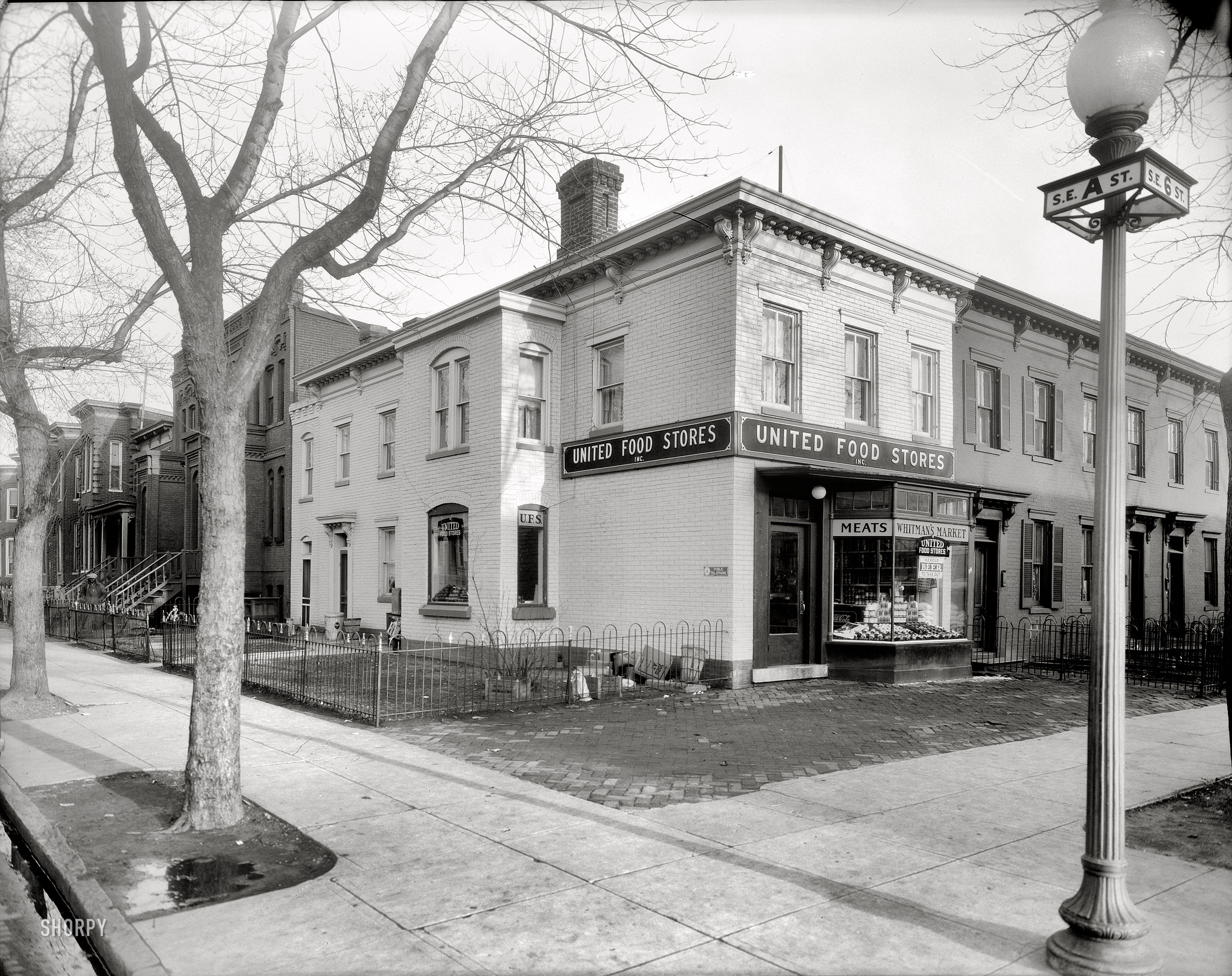 Circa 1932. "United Food Stores." Whitman's Market at A and Sixth streets S.E. in Washington. National Photo Company safety film negative. View full size.