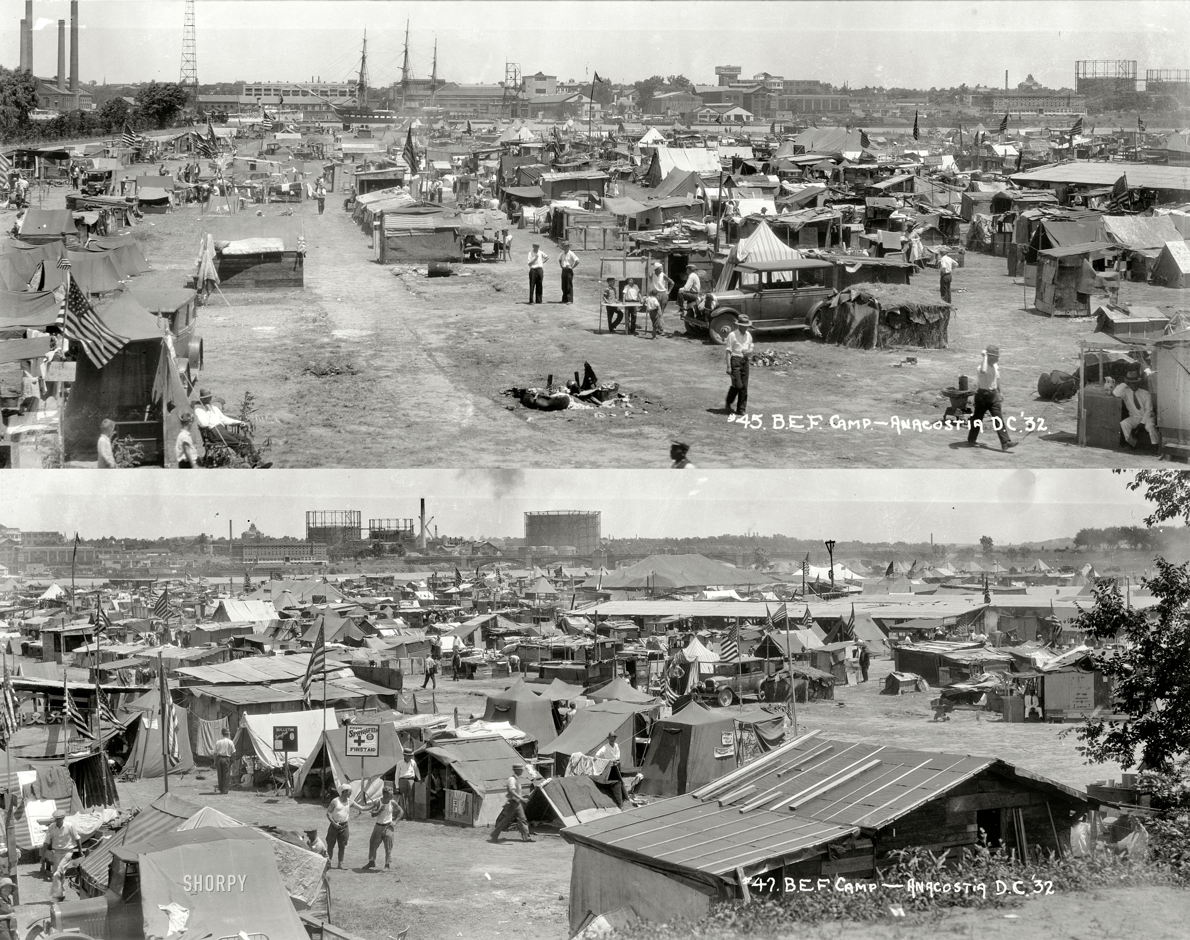 "B.E.F. camp, Anacostia, 1932." The "Bonus Expeditionary Force" encampment of World War I veterans (the Bonus Army) and their families in Washington, D.C. 8x10 acetate negative, National Photo Company Collection. View full size.