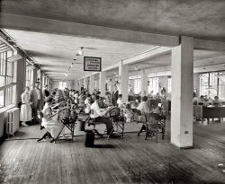 From 1924, another view of clerks calculating the "soldiers' bonus" for the War Department. View full size. National Photo Company Collection glass negative.
Change of SeasonsComparing this photo to the previous posting, I expected to see the same individuals in the same seats. Not so. Not only is this a different day, its an entirely different season.  In the previous photo, everyone was dressed in dark sweaters  and the electric fans were stationary.  Here, light colored short-sleeves abound, the fans are whirring, and the windows are wide open.
Also that very orderly line of wastebaskets has now appeared.

Clear measures of thriftiness in the following article regarding desks and electric fans but no mention of tabulators. If only Haliburton would show similar measures of patriotic "economies" with taxpayer dollars today.
 Washington Post, Aug 26, 1924

 Bonus Bureau Saves $250,000 in Salvage
Correspondence showing that the coat of equipping offices in the War and Navy Departments to handle the huge task of record searching required under the bonus bill has been reduced by nearly a quarter million dollars by utilizing surplus equipment of various departments, was made public yesterday by the War Department.
"This achievement was made possible by the adjutant general and his assistants and the cooperation of other agencies of the government," Brig. Gen H.M. Lord, director of the budget, wrote to Secretary Weeks in calling the matter to his attention.  Gen Lord predicted "further economies" in the same way.
Among the items mentioned by Gen. Lord were 2,000 desks from surplus stocks, including 125 brought from Baltimore in army trucks, which he estimated represented a saving of $100,000.  Another was 160 electric fans obtained from Brooklyn, N.Y. and put in shape by the typewriter repair force of the new office, the saving being placed at $2,240.  More than $20,000, he added, was saved by reconditioning 350 old typewriters and the salvaging of old office supplies from other government departments added another $10,000.

ChairsAm I right in observing those chairs have no cushions? So, no air conditioning, the room was loud and you'd end the day with a sore behind. I hope the job had good benefits!
40,000 JohnsonsReno Evening Gazette May 20, 1924 Page 6
TO PAY WAR BONUS MEANS GIGANTIC CLERICAL JOB
Associated Press
WASHINGTON, May 20. — Enactment of the war veteran bonus bill into law has laid upon the shoulders of the government departments an administrative task so huge that the figures involved stagger the imagination.
They must explore a veritable mountain of war records. From that mass of musty documents they must pick out the individual war histories of more than 6,898,000 men to provide the data upon which alone bonus payments of any kind can be made.
The daily service of every soldier, sailor or marine who served under the flag in the great war at home or abroad is subject now to minute examination. Through his days of sickness and health, of training at battle abroad the searchers must follow each man through the wilderness of official records. And the bulk of the task must be done in the close-packed filing cases of the War Department where the intimate official story of America at war alone is told.
In those records alone are more than 167,000,000 separate documents, each of which it may he necessary to handle many times before the veterans can all be assured of bonus payments. It will require twenty-seven separate checking operations to make the examination of the file and it will take 2800 clerks to do the work in the War Department alone.
There are amazing stories by the hundreds of thousands among these individual war records. There are tales of highest heroism, of great adventure; tales, too, rich in pathos and sacrifice. They are the war story of each one of the millions of men gathered into the vast volume of the files that must now lie opened for perusal. Among them are the brief records of the many who were called for service but to whom death came in the hospitals almost before they had taken their soldier oaths.
And among them also, never to be recognized for what it is, lies the brief story of America's Unknown Soldier, the record that would show, if it were in the power of man to pick it out, who he was and where he fought and how he died.
By comparison the army's share in the task of record searching overshadows the work that must also be done by the navy and marine corps to carry out the will of congress. In the many files are the records of 5,250,000 men who may make claims. Each must be examined as to the soldier's record before it can be passed upon. In the navy files are the records of 551,736 enlisted men and of 11,880 women who served in the rank of "yeoman-F." in the marine corps there are some eighty thousand records to be combed out.
The War Department files are located here in Washington. They are crowded into the three floors of the historic old arsenal at Washington Barracks, scene of many historic events. It was there that the conspirators were tried for the assassination of President Lincoln and close by is the spot where some of them paid the penalty with their lives.
The documents, grouped in their enveloped Jackets, are now set in soldierly ranks in 7,066 steel filing cases that placed end to end would cover more than five miles. They occupy 2.36 acres of floor space and they weigh 1,080 tons and would fill fifty-four freight cars.
The very compactness of the files adds to the task of ascertaining the individual stories they tell. It is physically impossible to employ more than the 2,800 who will be put to work about them. During the war the draft operations were far greater in scope because they dealt with men by the tens of millions. But that work was decentralized over the entire country and endless clerical help could be used. Now, the product of the draft in fighting manhood alone is to be dealt with, but that record is all here in the crowding file cases.
The War Department, and in cooperation with it, the other two military services, began preparatory work more than two years ago to make ready for the day when bonus legislation might be enacted. At that time Col. Robert C. Davis, then commanding a regiment of infantry at Plattsburg, N.Y., barracks, wan summoned to Washington to begin a study that has resulted in the completion of plans for the gigantic clerical machinery it now becomes his duty to set in motion as he is now adjutant general of the army.
The youngest of American major generals, Gen. Davis served in France as adjutant general of the American expeditionary forces. In that capacity he conceived and created the central war records office of the American land forces in France, an agency unequaled by the Allied armies. He began that work with himself and one clerk as the personnel of what ultimately reached a peak of seven thousand clerks, aside from the many officers it required.
It was against that background of experience that Gen. Davis visualized the task before him in Washington. He saw at once that there were three main elements in the war records of the army, the overseas records, the War Department original records, and the records of the embarkation service. He began his work by calling to his aid the officers who during the war had the greatest knowledge of each of those groups of records and it is with the aid of that staff of less than a score of tried and experienced "two-fisted" men that the plans were shaped in readiness for the bonus bill.
Some idea of the complications that must be met may be gained from the fact that the army files contain the records of 50,328 Smiths who served during the war; 40,101 Johnsons; 28,902 Browns and 27,938 men named Williams. In countless cases initials and even the first and second names are identical, yet the records must separate the one from the other and to each give his proportionate benefit completed on the actual service he tendered in the war.
Another complication foreseen lies in the fact that twenty-three per cent of all these five million potential claimants can not read nor write the English language. A corps of interpreters, having among them knowledge of almost every tongue, must be included in the great office force to deal with the analysis of the records.
The starting point for every veteran in seeking compensation must be the filling out of application blanks already printed. It is here that Gen. Davis fears there may be delay and to reduce that danger as much as possible, he has not only revised the form time and again to reduce it to the simplest possible terms, but has called in his aid the American Legion, patriotic and civic organizations and every ramifying agency of the Federal government over the country to distribute the blanks and to help the veterans fill them in.
"Do not pay fees other than a notary charge," runs the language of an emphatic notice which will be circulated everywhere. "The law prohibits any persons from charging a fee for assistance in the collection of the compensation."
Legion posts everywhere have agreed to serve not only Legion members but all war veterans in filling out the blanks. In the same way every army post or detachment, every national guard center, and every official of the Federal government of whatever kind will give voluntary aid to the veterans as they need it.
Gen. Davis has laid down one other rigid rule. Applications for blanks will not be received by the War Department directly from the veterans. There will be no necessity for that as the blank and the envelopes in which to mail them will be made available everywhere and correspondence direct with the department would crush it under the load of clerical work before it could begin on its real task.
When the applications are received they will go into a "receiving station" and notice will go back to the applicant that his case is in hand. From then on the application will move in orderly way through the ramifications of the files to be checked and rechecked time and again.
There will be reference wherever necessary to the muster rolls of regiments and even small detachments and there will be comparison of finger prints to insure identification. The applications which can be checked in the regular way will move directly through the main channels of the files. Where difficulties are encountered, however, the troublesome application will be promptly sidetracked to a "trouble clerk" for special treatment and in order that there may be no delay and congestion, in the main traffic.
Gen. Davis estimates that with the system he has mapped out it will be possible to attain an average output of thirty-thousand certificates, checked and delivered to the veterans' bureau, every day for six days of every week which means about nine months of work. In order to reach that average, however, the system devised has been made sufficiently flexible to reach a daily total output of seventy thousand certificates as a peak load in the full stress of the work.
The product of all this vast clerical labor will be in the typed certificates forwarded to the veterans' bureau containing the records of each man's service and the computation of the exact amount of compensation to which he is entitled under the law. It is from the War Department, navy and marine corps certificates that the checks for cash payments and the insurance policies will be filled out by the veterans' bureau and mailed to applicants.
WASHINGTON, May 19 -- The bonus bill provides for paid up 20-year endowment policies for veterans and cash payments to those not entitled to more than $50 in adjusted service credit.
Adjusted service credit, which will be the basis also of the valuation of the insurance policies, is figured at $1 a day for home service and $1.25 a day for overseas service, The first 60 days cannot' count. The maximum is fixed at 500 days.
All veterans up to and including the rank of captain in the army and marine corps and lieutenant in the navy would be entitled to the benefits of the bill.
The insurance certificates would be dated next January 1 while the cash payments would be nine months after enactment of the bill. 
War Department BuildingI wonder if this and the earlier photo were taken inside one of the War Department temporary buildings that lined the Mall in Washington DC until the 1940's.  See this photo from Wikipedia.
[The article below mentions the files being at "the historic old arsenal at Washington Barracks." Another article describes this work as taking place at the adjutant general's offices at Sixth and B. - Dave]

Summers Past...When I was in school, we had similar windows and the tops had to be opened with a long hardwood stick, possibly about 6 feet long, made just for that purpose, which had a hook on the end that fit into the upper windows to pull them open.  Sometimes the teacher would appoint the most responsible student to open the top windows, but the stick was stored in a safe place as it had potential to do some damage as a weapon.    Another nostalgic memory are the girls in pastel summer dresses and white shoes, the men in seersucker suits, (and I'll bet they all had airy straw hats for streetwear).  I am so dependent on looking at these old photos on Shorpy every day, it is now like a tobacco addiction.  Thanks for the look back to the way we were, I love Shorpy.
A Shocking Degree of Non-WasteThe most shocking thing ever encountered in Shorpy: a time when the Government was actually trying to spend money prudently.
Tabulating RoomThis appears to be the exact same room as the previous photo, but from an earlier date.  The overhead lighting has not been installed, but the windows, fans and desks all appear the same. 
(Technology, The Gallery, D.C., Natl Photo, The Office)