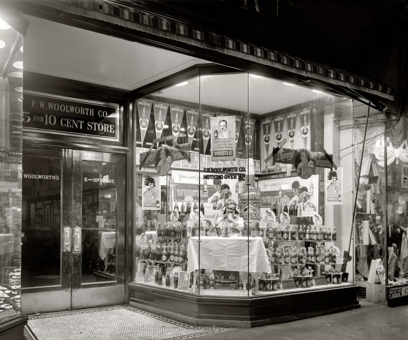Washington, D.C., circa 1921. "Whistle Bottling Works. Woolworth window." An elaborate dime-store window display for Whistle orange soda, "the food drink." National Photo Company Collection glass negative. View full size.
