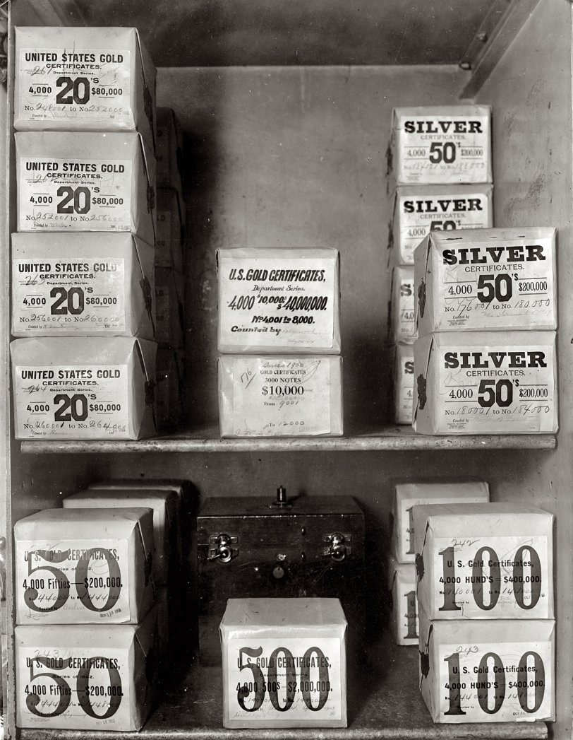 Washington, D.C., 1914. "Treasury Department Office of U.S. Treasurer. Reserve vault cash room packages seen in picture contain over 80 million dollars." National Photo Company Collection glass negative. View full size.
