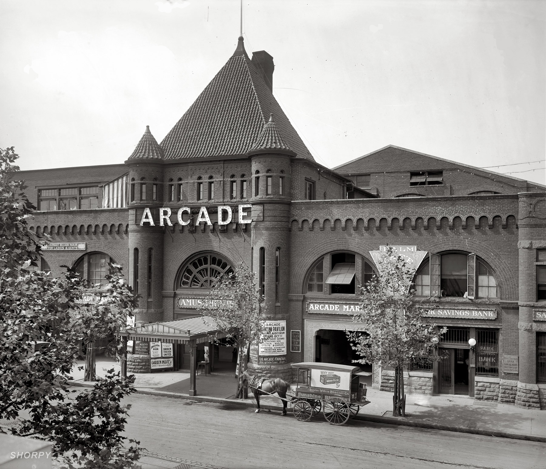 "Arcade Market." The Arcade building in Washington circa 1913, with "garden movies," bowling, billiards, dance pavilion, cafe, soda fountain and who knows what other fun stuff. National Photo Company glass negative. View full size.