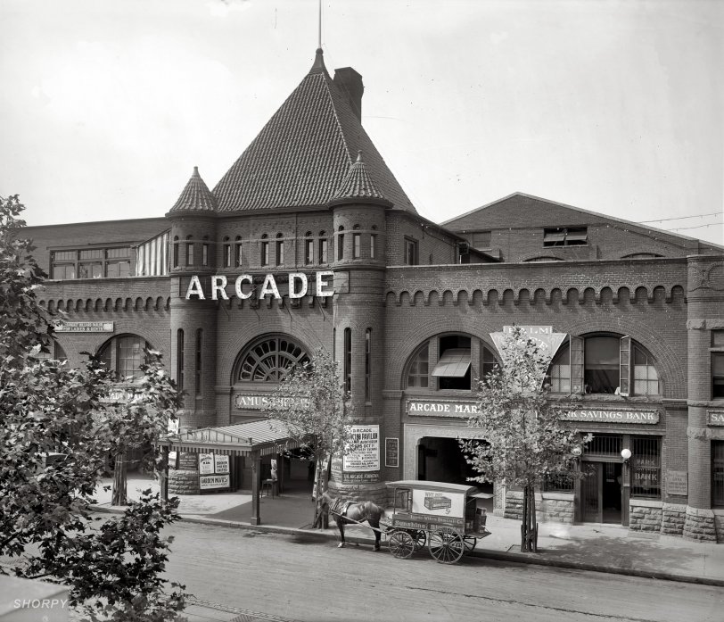 "Arcade Market." The Arcade building in Washington circa 1913, with "garden movies," bowling, billiards, dance pavilion, cafe, soda fountain and who knows what other fun stuff. National Photo Company glass negative. View full size.
