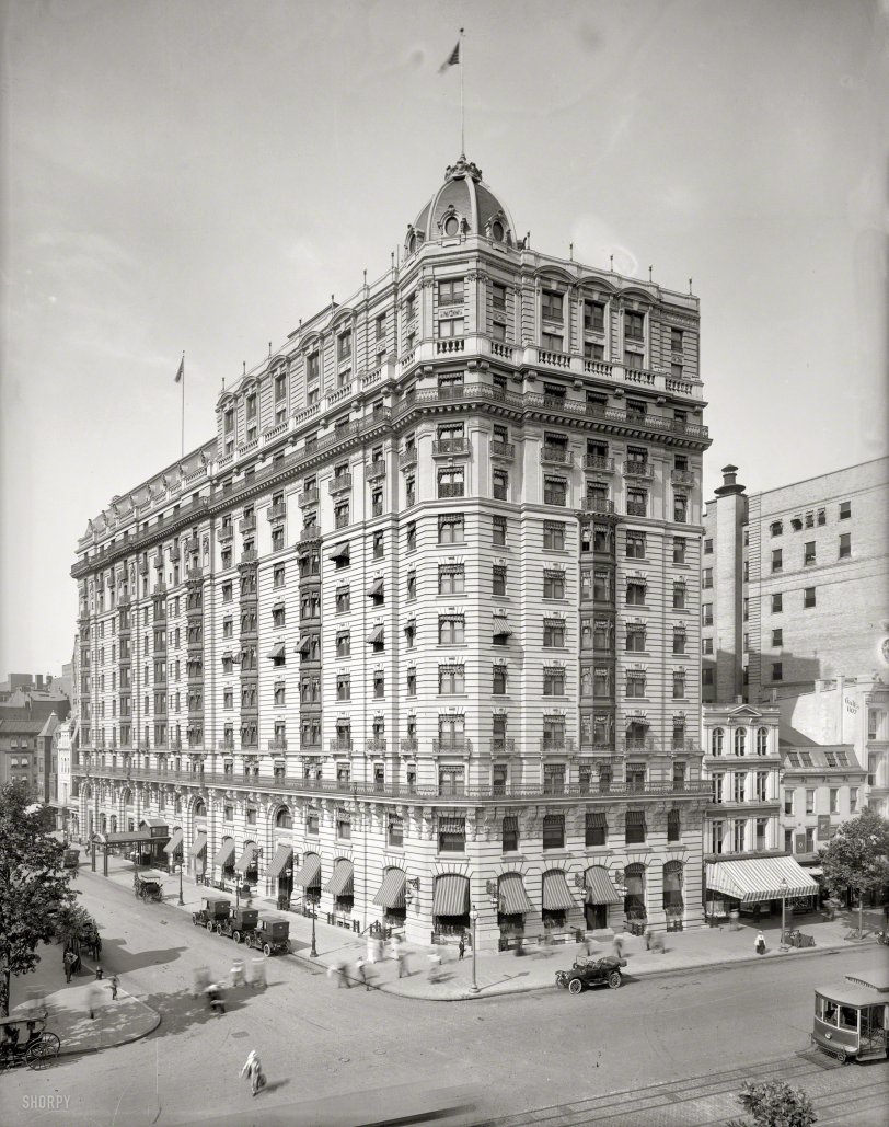 The Raleigh Hotel at 12th Street and Pennsylvania Avenue in Washington circa 1920. National Photo Company Collection glass negative. View full size.
