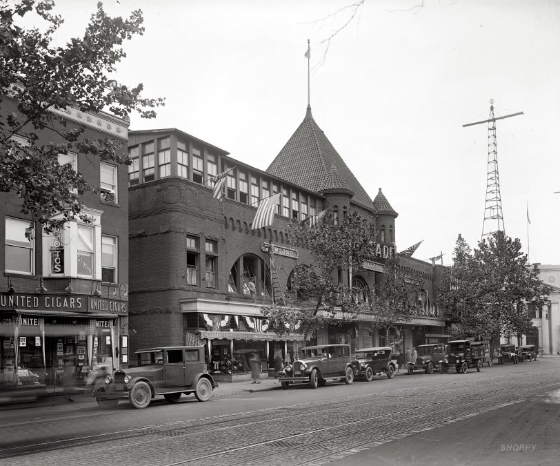 1925. The Arcade, the converted streetcar barn seen in our previous post in 1913. Now it's a dozen years later, the horse has been retired, and a big radio tower has sprouted. National Photo Company glass negative. View full size.
