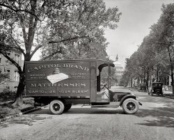 Washington, 1925. "Ford Motor Company. Capitol bedding truck." In a rare stab at whimsy or wit or whatever you want to call it, National Photo shot this Capitol Mattress truck in front of the actual Capitol. Tee hee! View full size.
Ford Motor CompanyLovely, brand new, truck, but it's not a Ford.
[Ford Motor would have been the client who commissioned the photo. The truck is a Dodge. - Dave]
Perpendicular ParkingTypical, even in 1911 these truck drivers think they can park right in the middle of the road!
East Capitol MattressPhotographed on East Capitol Street- view today is very similar.  An ad from 1919 Washington Post reveals that Capitol Brand Mattresses were locally manufactured and distributed through many local stores including

S. Kann Sons Co., 8th and Market Space
The Hub Furniture Co., 7th and D Sts.
Lansburgh &amp; Bro., 420-430 7th St.
Sachs Furniture Co., 8th and D Sts.
R.W. Henderson, 1109 F St.
Sanitary Bedding Co., 903 G St.
W.E. Miller, 7th and E Sts. S.W.
Hopkins Furniture Co., 415 7th St.
Diamond Bedding Co., 739 7th St.
Wilson, Proctor &amp; Co., 717 7th St.
Nelson Furniture Co., 508 H St. N.E.
Cut Rate Furniture Co., 937 7th St.
Palais Royal, 11th &amp; G Sts.
The Hecht Co., 513-517 7th St.
National Furniture Co., 633 H St. N.W.
Julius Lansburgh Furniture Co., 512 9th St.
P.J. Nee, 7th and H Sts., N.W.
Walker-Thomas Co., 1015 7th St.
Cornell's Wall Paper Co., 714 13th St.
Baum Furniture House, 2004 14th St.
People's Dept. Store, 8th and Pa. Ave. S.E.
Globe Furniture Co., 1012 7th St.
Thompson Bros., 1220 Good Hope Road
Hutchison Bros., 1814 14th St. N.W.

Faint praise"Serviceable?"  That seems perilously close to damning with faint praise. "Why, yes, our mattresses are deeply adequate!"
CleanSanitary is always a good quality when it comes to mattresses.  I didn't know you had a choice?
Questions, QuestionsI was getting ready to launch a comment about how this isn't a Ford, but fortunately calmed down long enough to read the comments and see it had already been mentioned. I do wonder, though, why FoMoCo wanted the portrait of a Dodge Truck. Comparative study?
Also, it looks like the truck driver backed right up to large tree that would block unloading.
Lastly, I'll just say I love that old iron fencing in the yard to our left.
Fine letteringThe high point of this pic is the lettering on the truck. This was an expensive job rendered by a highly skilled signpainter. Look at the split-blended shading on the main copy, and the detail in the Capitol image.
Graham Bros 1½ TonThis photo appeared in the May 10, 1925 Washington Post, captioned:
 "Graham Brothers 1&frac12;-ton truck on 158-inch wheel base with body designed to carry bulky goods."
It still makes no sense why Ford would commission the photo.  Perhaps a transcription mistake occurred later.
[The transcription is correct. Graham Bros. manufactured the chassis. The powerplants were supplied by a third party, generally Dodge or Ford. In 1926 the company was bought out by Dodge Bros. - Dave]

How Much?What did a Tempur-Pedic sell for in '25?
(The Gallery, Cars, Trucks, Buses, D.C., Natl Photo)