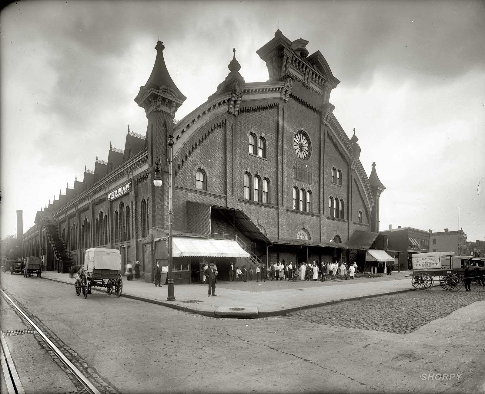 Washington, D.C., circa 1920. "Northern Liberty Market (Convention Hall Market) at Fifth and K." National Photo Co. glass negative. View full size.