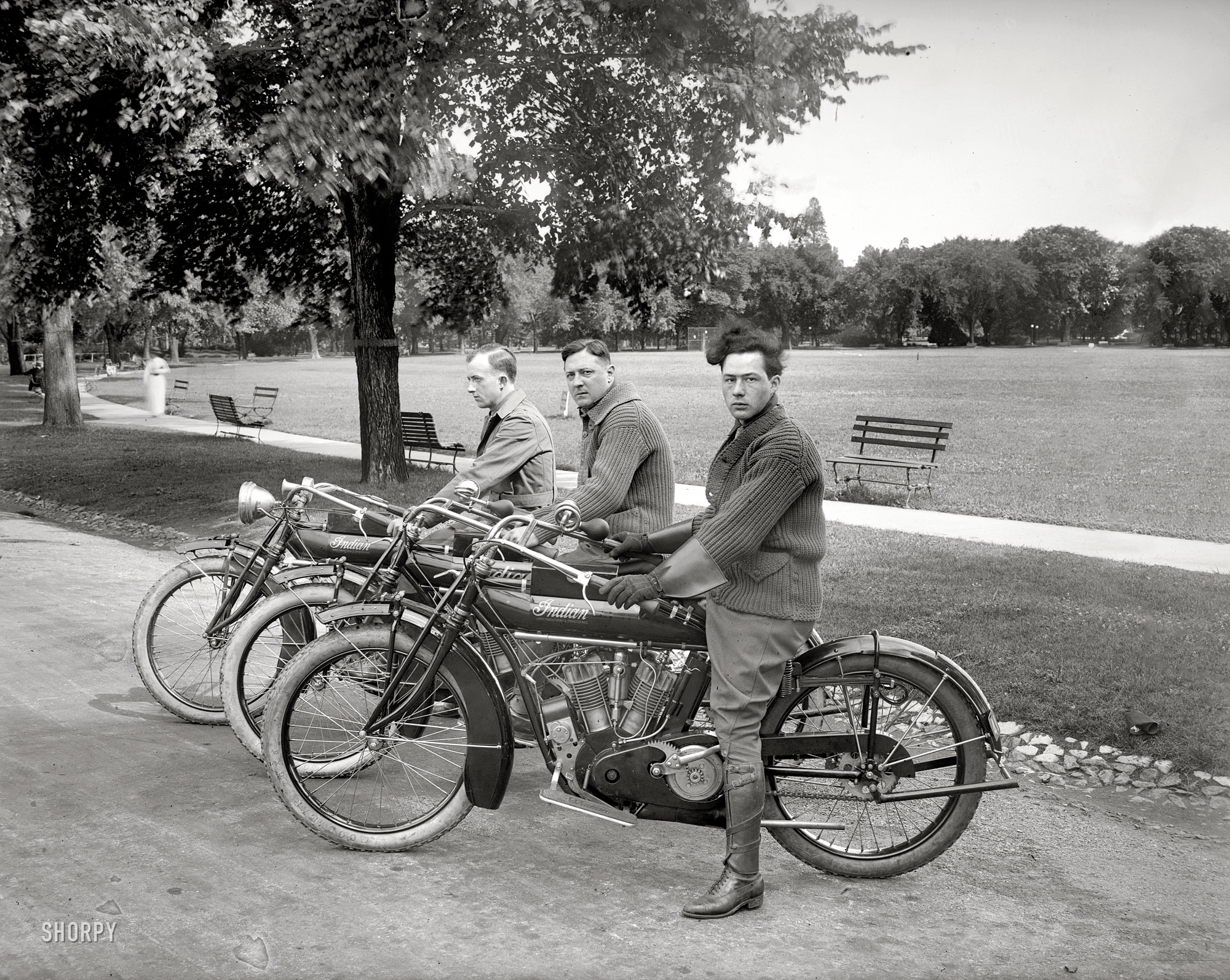 Washington, D.C., July 1915. "Motorcycle team, relay to Frisco." Frank S. Long, F.L. Leishear (whose Indian store we saw here) and Josiah McL. Seabrook. National Photo Company Collection glass negative. View full size.