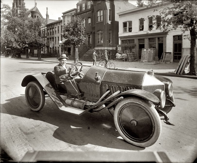 Washington, D.C., banker and bon vivant Eddie Voigt in a pimped-out Abbott-Detroit roadster circa 1920.  View full size. Thanks to PER for unearthing the story of his rise and fall. National Photo Company Collection glass negative.
