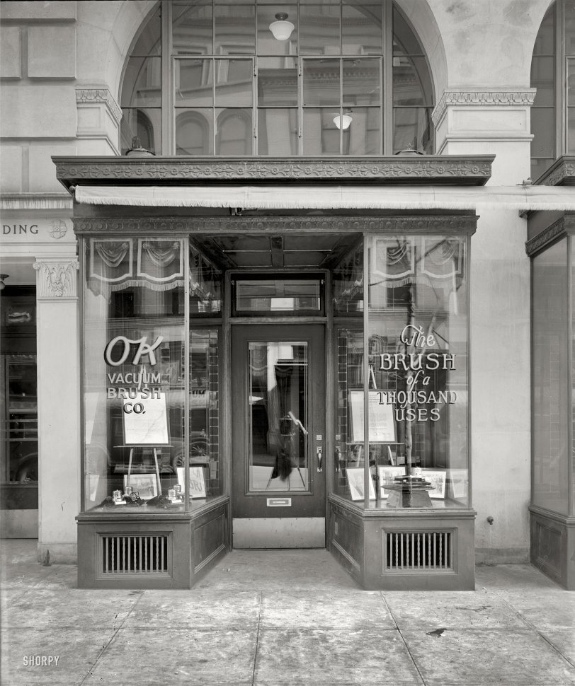 Washington, D.C., circa 1925. "OK Brush Co., exterior." When constrained cleaning budgets preclude the purchase of the best in bristles, consider settling for an OK Vacuum Brush. National Photo Company glass negative. View full size.
