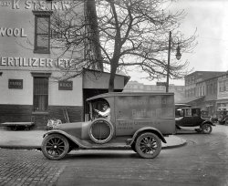 Washington, D.C. "Semmes Motor Co. Meadow Gold Butter truck, 1926." C Street N.W. at 10th. (And running in front of the building at the back was something called "Little B Street.") National Photo Company glass negative. View full size.
Master of Visual AcuityWas wondering where Dave's photo title came from until I noticed some barely discernable lettering on the side of the vehicle. Out came the magnifier and lo, there was the title! As an avid modeler of scale vehicles, I find these photos are a terrific reference resource. Simply Outstanding!
Spread It ThickOr maybe it was just a reference to the word fertilizer painted on the background building?

(The Gallery, Cars, Trucks, Buses, D.C., Natl Photo)